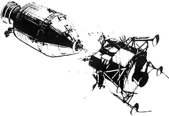 After a rest period, the commander (CDR) and lunar module pilot (LMP) move to the LM, power up its systems, and deploy the landing gear. The CSM and LM separate; the CMP visually inspects the LM, then the LM crew move a safe distance away and fire the descent engine for Descent orbit insertion, which takes it to a perilune of about 50,000 feet (15&nbsp;km).