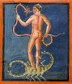 Illustration of the Serpens, Ophiochus and Scorpius constellations in the Leiden Aratea manuscript, around 830 - 840.