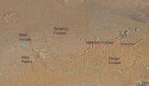 Map of Arcadia quadrangle with major features labeled.  Several large cracks called Fossae are in this area.