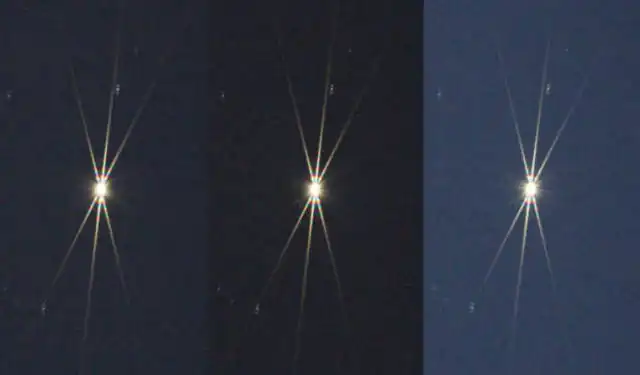 Example diffraction patterns produced by a Bahtinov mask(middle: in focus, left and right: slightly out of focus)