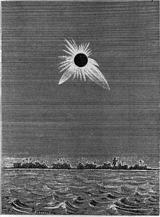 An artist's depiction of the total solar eclipse of May 6, 1883, observed from Caroline Atoll, Line Islands. Series member 30
