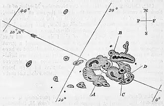 A black and white sketch of a large cluster of sunspots on the surface of the Sun.