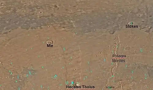 Map of Cebrenia. Viking&nbsp;2 landed near Mie crater.  The volcano Hecates probably has glaciers on its slopes.
