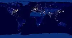 Artificial lights showing the locations of light pollution in October 2012.