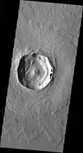 THEMIS image of complex crater with fluidized ejecta. Note central peak with pit crater.