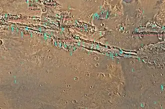 Map of Coprates quadrangle showing details of Valles Marineris, the largest canyon system in the solar system.  Some of the canyons may have once been filled with water.  The map shows the locations of a number of major Chasma.