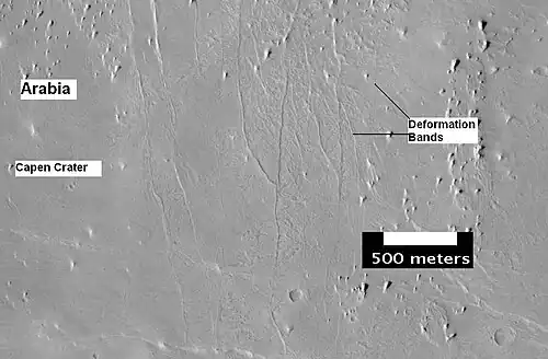 The group of lines running up and down in the image are believed to be deformation bands.  They can be thought of as small faults.