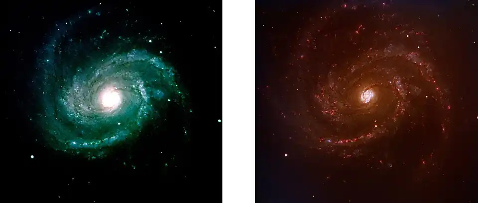 Messier 100 seen in different filters by VIMOS (left) and FORS 1. (Note supernova SN 2006X in the middle of the right image, just above the lower main spiral arm).