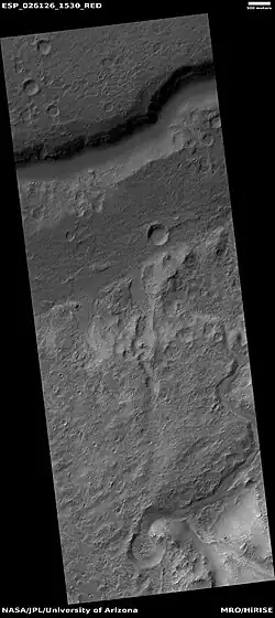 Part of delta in Holden Crater, as seen by HiRISE under HiWish program. Holden crater is a possible landing site for a Mars Rover scheduled for 2020.