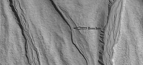Close-up of gully channels, as seen by HiRISE under HiWish program.  This image shows many streamlined forms and some benches along a channel.  These features suggest formation by running water.  Benches are usually formed when the water level goes down a bit and stays at that level for a time.  Picture was taken with HiRISE under HiWish program.  Location is the Mare Acidalium quadrangle.  Note this is an enlargement of a previous image.