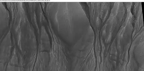 Close-up of channels in gullies showing that the paths of the channels changed over time.  This feature suggest formation by running water with a high load of sediment.  Picture was taken with HiRISE under HiWish program.  Location is the Mare Acidalium quadrangle.  Note this is an enlargement of a previous image in Phaethontis quadrangle.