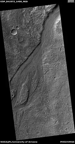 Streamlined shape in old river valley, as seen by HiRISE under HiWish program.  The streamlined shape is evidence of running water.