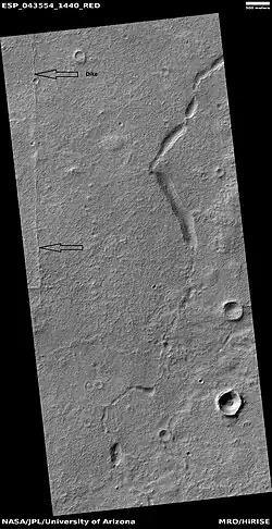 Possible dike and troughs, as seen by HiRISE under HiWish program The arrows point to the possible dike along the left edge of picture.  Straight features are rare in nature; they are often due to dikes and joints.