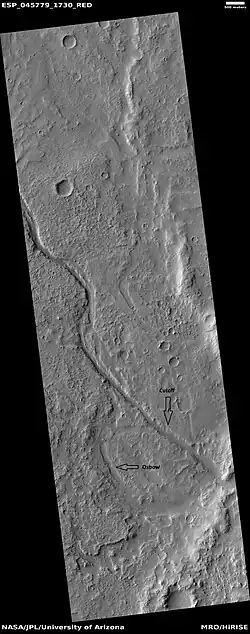 Channel showing an old oxbow and a cutoff, as seen by HiRISE under HiWish program.  Location is Memnonia quadrangle.