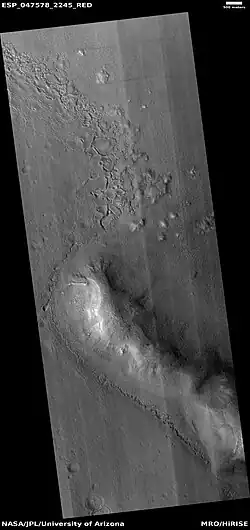 Contact, as seen by HiRISE under HiWish program  Upper plains unit on the left is breaking up.  A lower unit exists on the right side of picture.