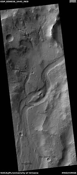 Channel, as seen by HiRISE under HiWish program. Streamlined shapes are indicated with arrows.  Location is the Phaethontis quadrangle.