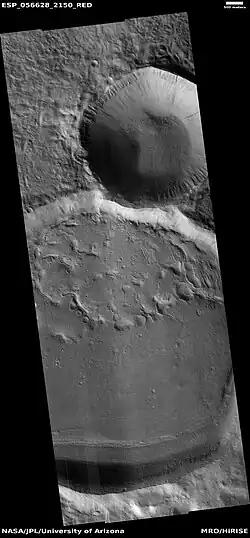 Wide view of craters, layers, streaks, hollows.  Picture taken with HiRISE under HiWish program