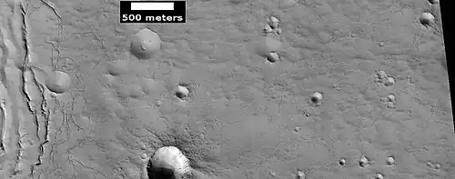 Close view of cracks of various sizes, as seen by HiRISE under HiWish program.  Ice disappears along crack surfaces and makes crack larger.  Note that small craters do not have very big rims; they may be just pits.