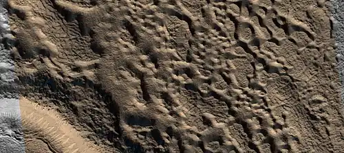 Close view of upper plains unit showing hollows--where ice left the ground.  Picture is about 1 Km across.  This is part of an image named HiRISE picture of the day for October 21, 2024.