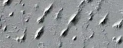 Close view of yardangs in Arabia quadrangle  These features are shaped by the wind.
