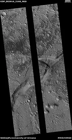 Wide view of Transverse Aeolian Ridges (TAR's) and ridges, as seen by HiRISE through HiWish program.  The black strip is due to an equipment malfunction.