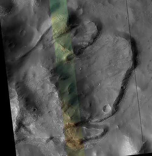 Landslide, as seen by HiRISE under HiWish program  The colored strip is about 1 km across.
