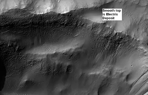 Electris Deposit, as seen by HiRISE.  Electris deposit is light-toned and smooth in the image in contrast to rough materials below.  Gullies are also visible.