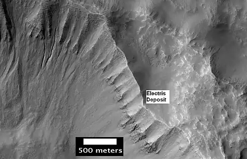 Layers in light-toned Electris Deposit, as seen by HiRISE on the Mars Reconnaissance Orbiter.  Gullies are visible on the left.