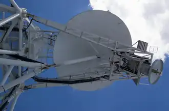 Prime focus receiver enclosed in a cage at the end of the extended boom