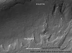 Gullies in a crater in Eridania quadrangle, north of the large crater Kepler.  Also, features that may be remains of old glaciers are present.  One, to the right, has the shape of a tongue.  Picture taken under the MOC Public Targeting Program.