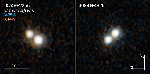 These two NASA/ESA Hubble Space Telescope images reveal two pairs of quasars that existed 10 billion years ago and reside at the hearts of merging galaxies.