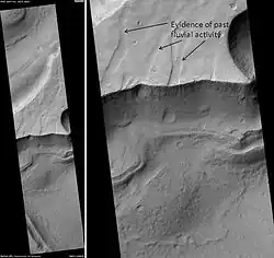 Hydraotes Chaos, as seen by HiRISE.  Click on image to see channels and layers.  Scale bar is 1,000&nbsp;m (3,300&nbsp;ft) long. Image in Oxia Palus quadrangle.
