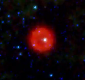 WISE image of the infrared nebula IRAS 00500+6713, with the central star WD J005311 not visible.  The whole system is designated Pa 30