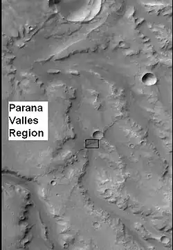 CTX context image for next image that was taken with HiRISE. Note long ridge going across image is probably an old stream. Box indicates area for HiRISE image. Image located in Margaritifer Sinus quadrangle.
