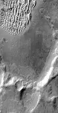 Detail of south wall of Kaiser, daytime infrared, imaged by the Thermal Emission Imaging System on board the 2001 Mars Odyssey orbiter.