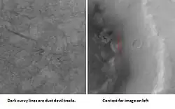 Kepler (Martian crater) showing dust devil tracks, as seen by Mars Global Surveyor.  Kepler is a large crater in the Eridania quadrangle.