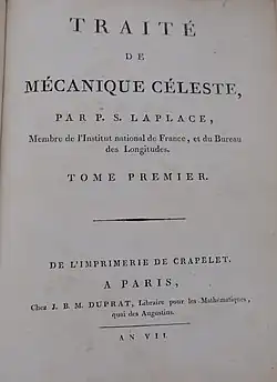 Title page to Volume I of "Traité de mécanique céleste" (1799)