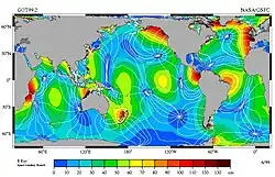 Map showing relative tidal magnitudes of different ocean areas