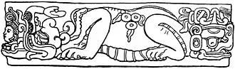Drawing of a Mayan stone carving with elaborate decoration.