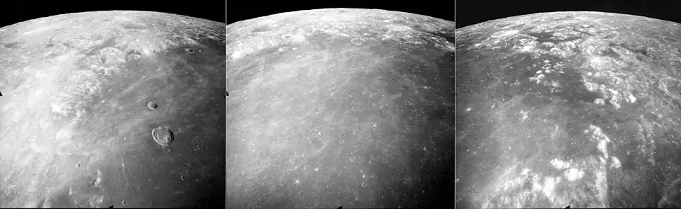 These are three views of northern Mare Crisium on the Moon, taken by the mapping camera of the Apollo 17 mission in 1972, facing north-northeast from an average altitude of 118&nbsp;km on Revolution 27 of the mission.  At the right is the east margin of Mare Crisium, with the north tip of Promontorium Agarum visible in the foreground, and Mare Anguis near the central horizon. The crater Eimmart is visible in both the right and central photos as a bright patch (near the top in each).  The center photo shows an obvious lack of large craters in the mare indicating a relatively young age of the basalt, and the crater Eimmart C is visible as a ring at the edge of the mare near the top center. The left photo shows the western margin of the mare, with the crater Peirce (larger) and Swift (smaller) in the mare, and the large crater Cleomedes near the central horizon.  The rays of the crater Proclus (further to the west, not shown) are prominent in the mare.  These photos were taken within minutes of each other.  The sun elevation drops from 60 degrees at right to 46 degrees at left as the Command Module America orbited the Moon.