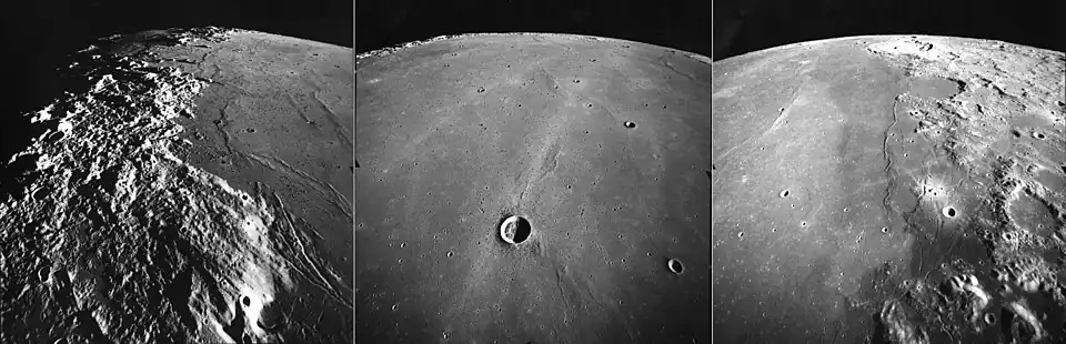 These are three views of Mare Serenitatis, taken by the mapping camera of the Apollo 17 mission in 1972, facing north-northeast from an average altitude of 107&nbsp;km.  At the right is the east margin of Mare Serenitatis, with the 95&nbsp;km diameter crater Posidonius at the central horizon, the basalt-flooded Le Monnier crater to the south, the mare ridge (or wrinkle ridge) Dorsa Aldrovandi at center, Littrow crater at the right, and the landing site of Apollo 17 in the lower right corner in the Taurus–Littrow valley. In the center is the relatively small crater Bessel (16&nbsp;km), and two prominent rays probably from the Tycho impact far to the south. At the left is the western margin of the mare, with the Caucasus Mountains at the central horizon, the Apennine Mountains at left, and the Sulpicius Gallus Rilles at the lower right. The Sun elevation drops from 24 degrees at right to 5 degrees at left as the Command Module America orbited the Moon.