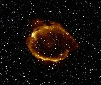 Composite image using X-ray light from Chandra (orange) that has been overlaid on an infrared image from 2MASS.