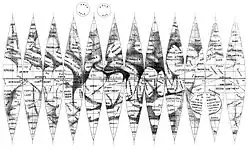 A shaded drawing of Martian albedo features is shown in a horizontal sequence of sinusoidal projections. The map is marked up with named features.