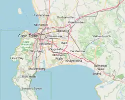 Map of Cape Town with mark showing location of SAAO Library.