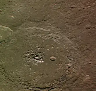 Exaggerated color view of Oskison crater, looking northwest