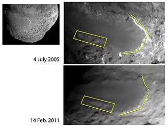 Comparison of Deep Impact and Stardust photos of a smooth elevated feature on the surface of the nucleus showing recession of icy cliffs at the margins.