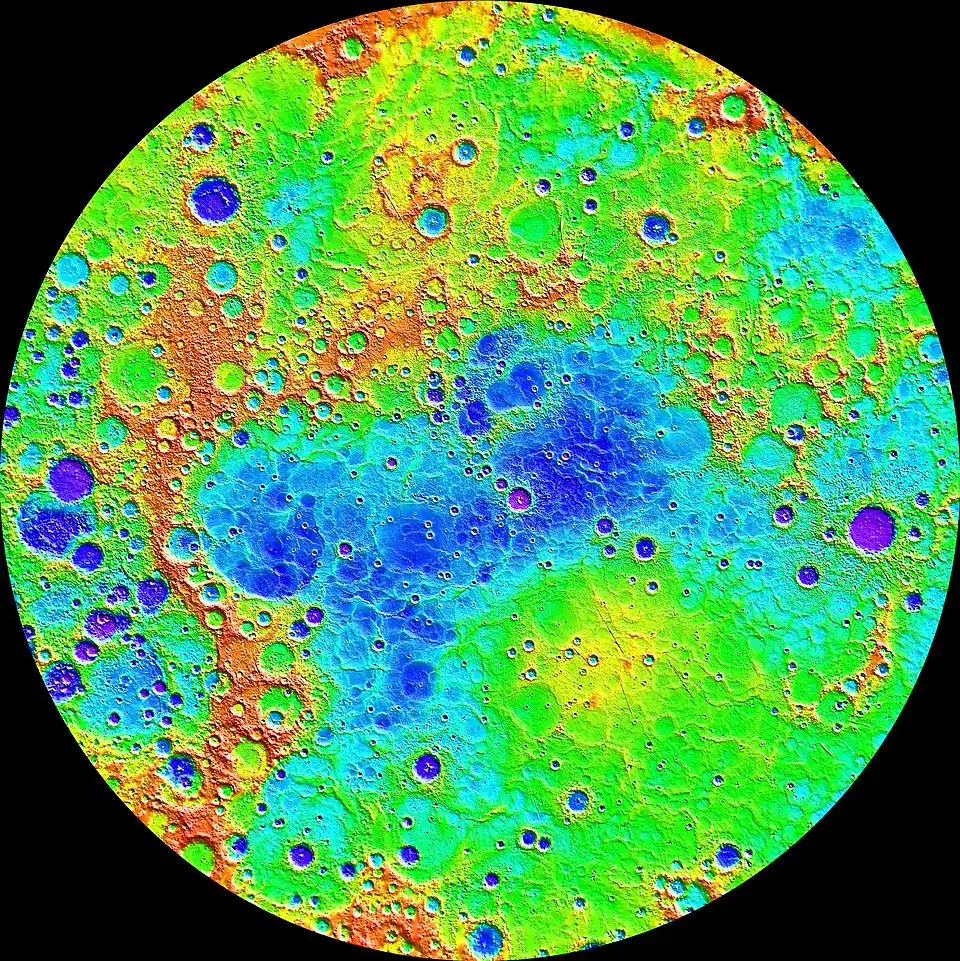 Northern hemisphere topography from MLA data shows a 10&nbsp;km vertical range: high (red); low (purple).