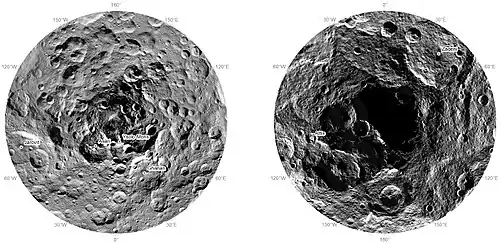 Ceres, polar regions (November 2015): North (left); south (right). The south pole is in shadow. "Ysolo Mons" has since been renamed "Yamor Mons."