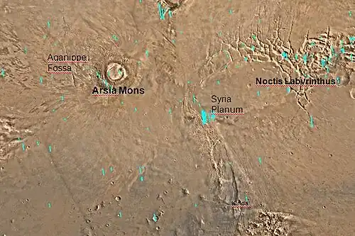 Map of Phoenicis Lacus quadrangle with major features labeled. This area contains two large volcanoes, Pavonis Mons and Arsia Mons, as well as the famous Noctis Labyrinthus canyon system.