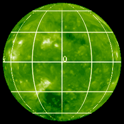 Nearly the entire surface of the Sun, taken in extreme ultraviolet at 19.5&nbsp;nm, with white lines showing solar coordinates (0° is directly towards Earth)  February 10, 2011